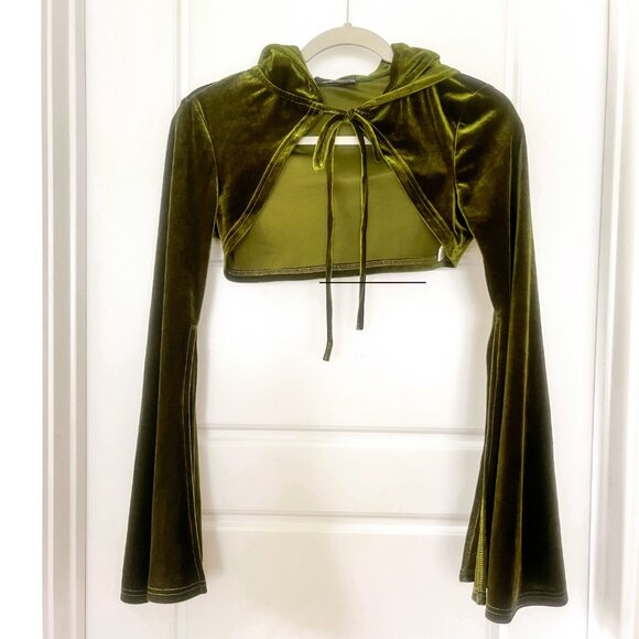 Cider Velvet Hooded Long Sleeve Crop Top - Green - XS - Picture 5 of 7